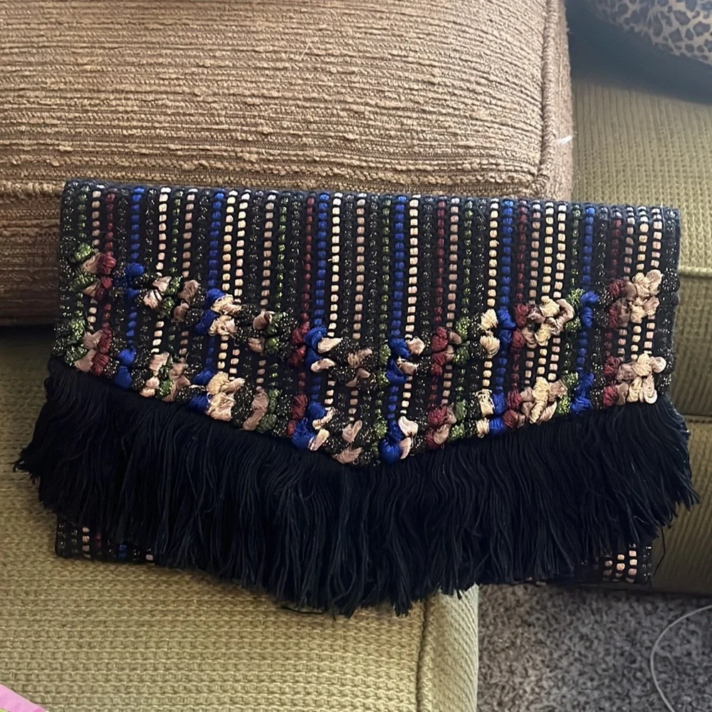 Stella & Dot Taj Shimmer Woven Clutch w/Fringe